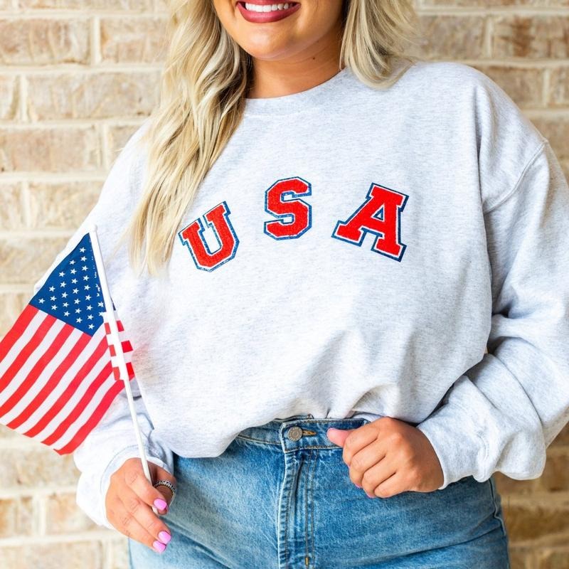 USA Letter Patch Patriotic Pullover Crew, Chenille Letter Patch T-Shirts, Hoodie, Sweatshirt | RetroVerseTees.com