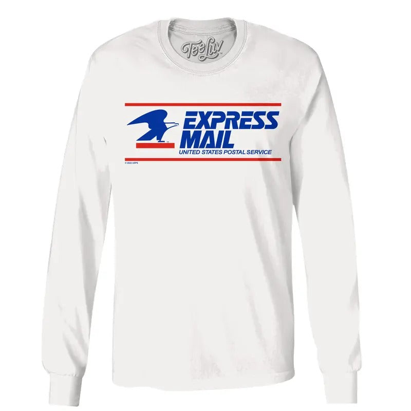 USPS Express Mail Long Sleeve T-Shirt - White Hoodie, Sweatshirt | RetroVerseTees.com