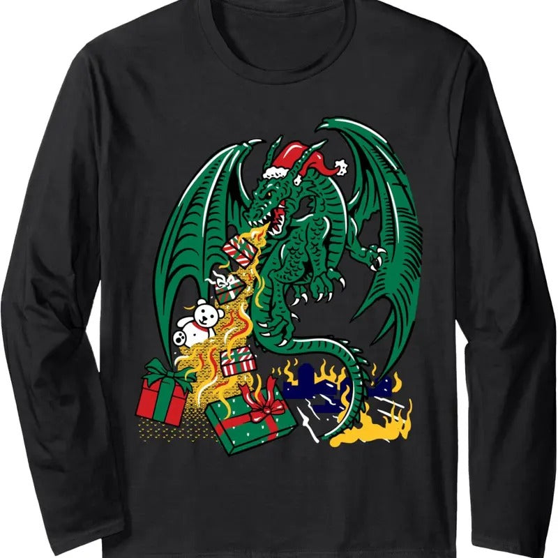 Ugly Christmas Sweater - Christmas Dragon Long Sleeve T-Shirt Hoodie, Sweatshirt | RetroVerseTees.com