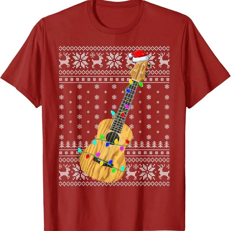 Ugly Sweater Xmas Lights Santa Hat Musical Ukulele Christmas T-Shirt Hoodie, Sweatshirt | RetroVerseTees.com