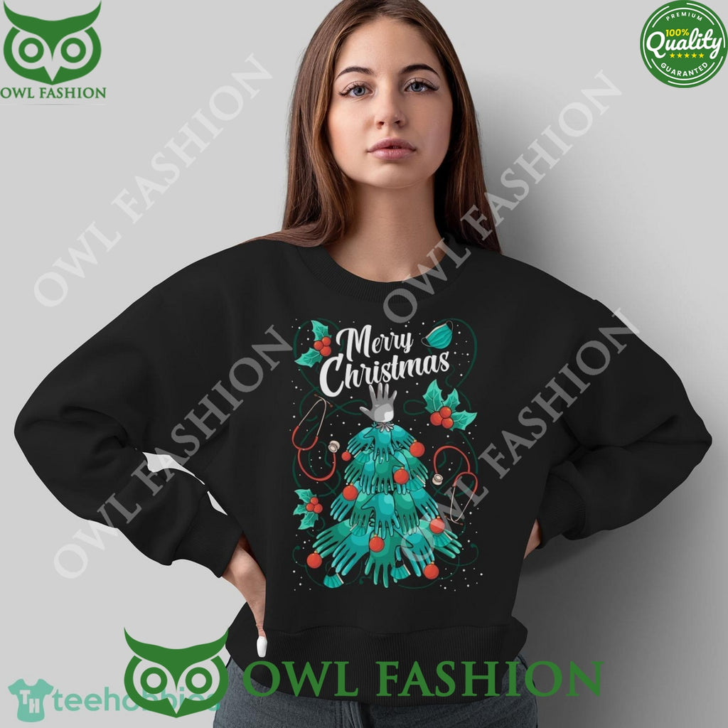 Nurse Merry Christmas Hand Christmas Tree Black Ugly Sweater