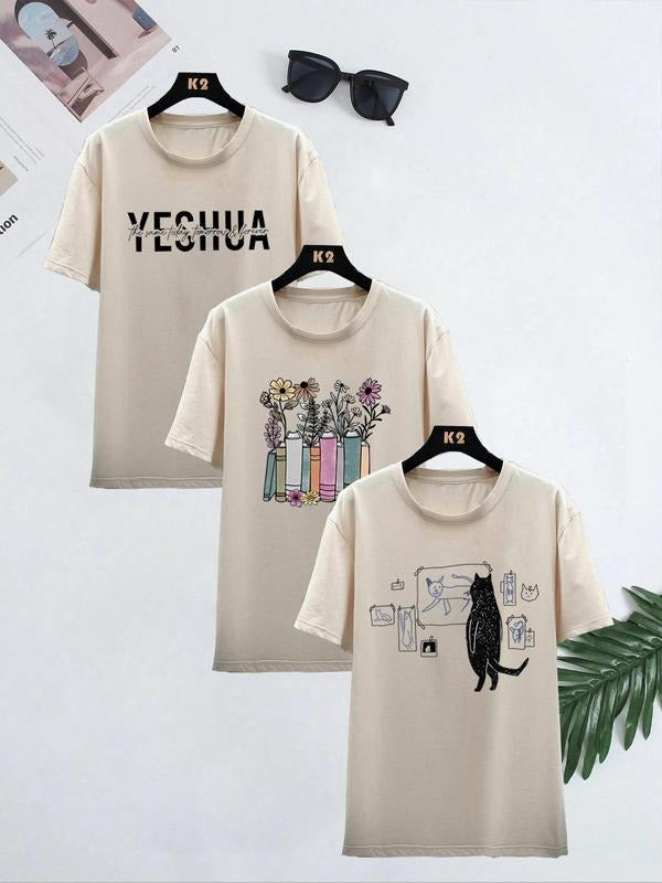 Unisex Cartoon Cat & Floral Print Round Neck Tee, Casual Short Sleeve Crew Neck T-shirt for Daily Wear, Ladies TNF for...