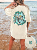 Unisex Cartoon Turtle Print Drop Shoulder Tee, Women'WB shield Street Half Sleeve Round Neck T-shirt for Daily Wear,...