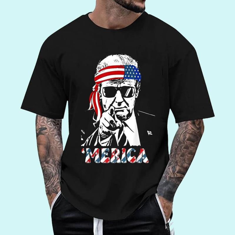 [Unisex Cotton] 'MERICA TRUMP Happy 4th Of July Trump American Flag T-Shirt , Short Sleeve, Top Unisex Hoodie, Sweatshirt