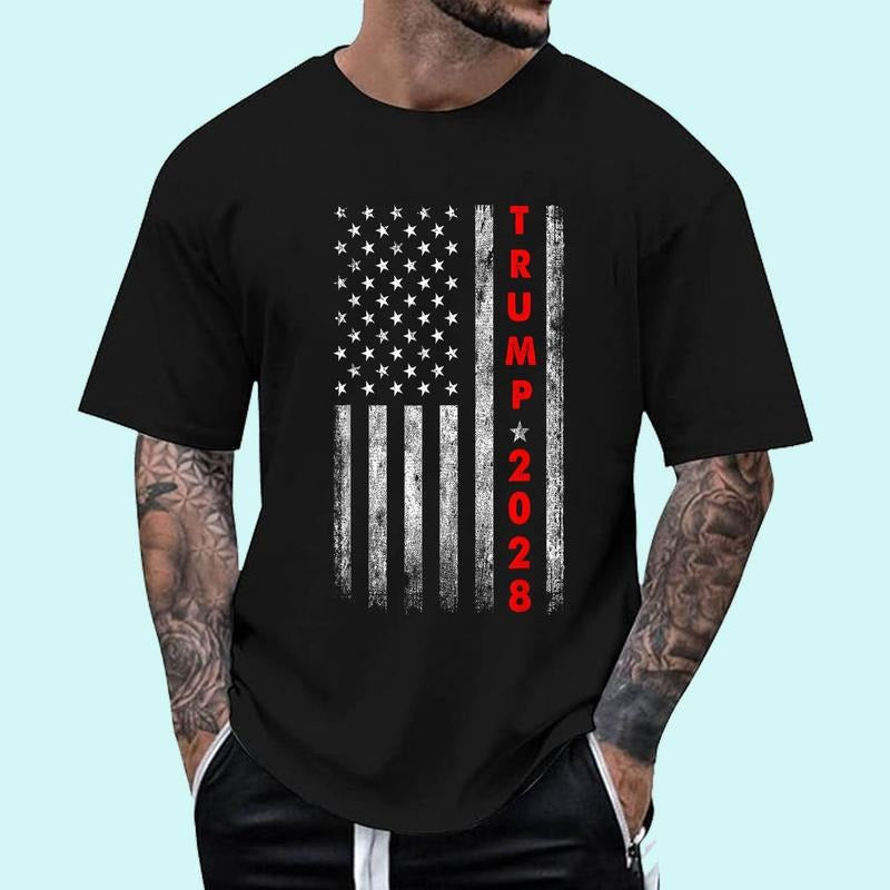 [Unisex Cotton] Trump 2028 Vote Donald Trump America US Flag Graphic Tee T-Shirt , Short Sleeve, Top Unisex Hoodie,...