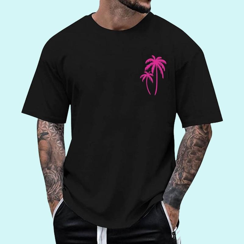 [Unisex Cotton Shirt] Pink Pocket Palm Tree Cute Hawaiian Summer Vacation Gift T-Shirt Hoodie, Sweatshirt