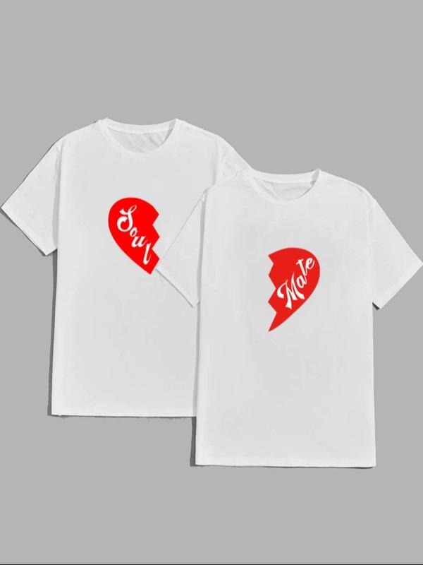 Unisex Couple'WB shield Heart & Letter Print Round Neck Short Sleeve Tee, Summer TNF Women, Casual Comfort Loose Crewneck...