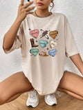 Unisex Letter & Heart Print Drop Shoulder Tee, Street Fashion Casual Half Sleeve Round Neck T-shirt for Daily Holiday...
