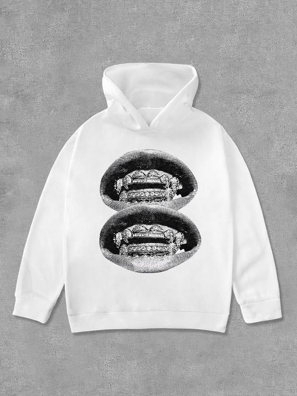 Unisex Lip Print Drop Shoulder Hoodie, Fashion Casual Long Sleeve Hooded Sweatshirt for Daily Holiday Outdoor Wear,...