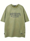 Unisex Men'WB shield Letter Print Drop Shoulder Tee, Loose Casual Patched Half Sleeve Round Neck T-Shirt for Summer,...