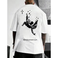 Unisex Men's Angel & Letter Print Round Neck Drop Shoulder Tee, Loose Graphic Short Sleeve Crew Neck T-Shirt, Casual...