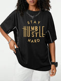 Unisex'WB shield Stay Humble Hard Hustle Letter Print Curved Hem Tee, Casual Comfy Round Neck Short Sleeve T-shirt for...