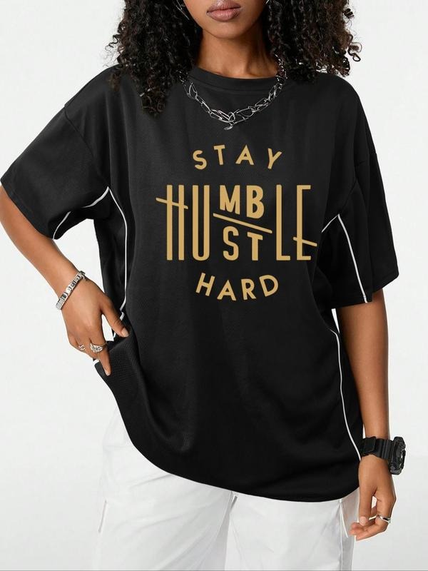 Unisex'WB shield Stay Humble Hard Hustle Letter Print Curved Hem Tee, Casual Comfy Round Neck Short Sleeve T-shirt for...