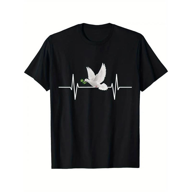 UnisexPeace Dove & ECG Heartbeat Graphic T-Shirt - 100% Cotton Regular Fit High Neck Casual Tee for Men & Women -...