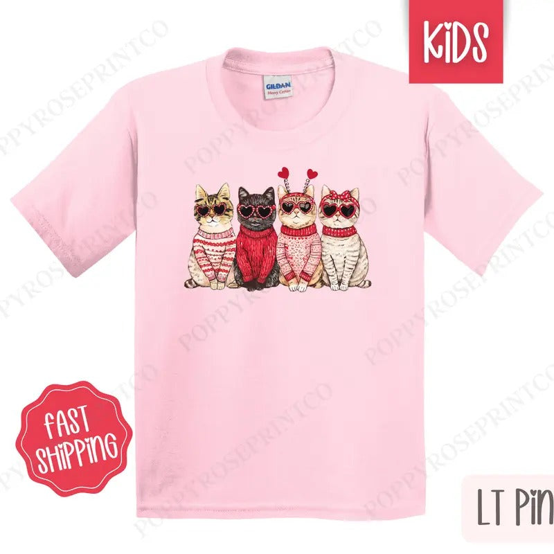 Valentine Cats Kids Shirt - Valentine's Day Children's Tshirt - Youth CatTee Gildan Hoodie, Sweatshirt | RetroVerseTees.com