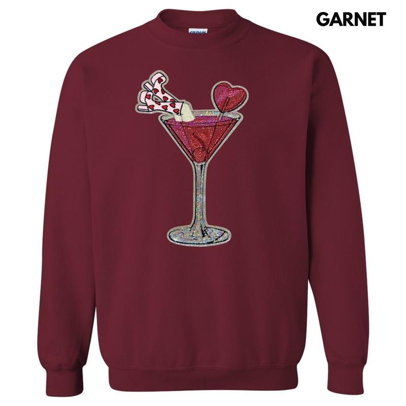Valentine Martini Glass Sequin Patch Sweatshirt T-Shirts, Hoodie | RetroVerseTees.com