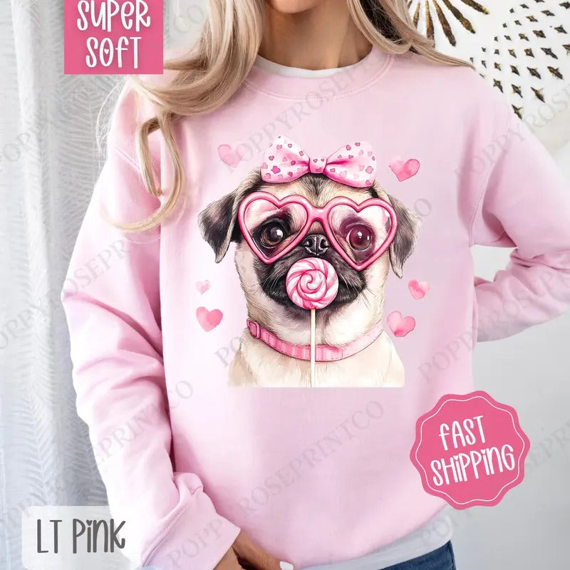 Valentine Pug Sweatshirt, Valentine's Day Crewneck, Cute Women's Sweater T-Shirts, Hoodie | RetroVerseTees.com