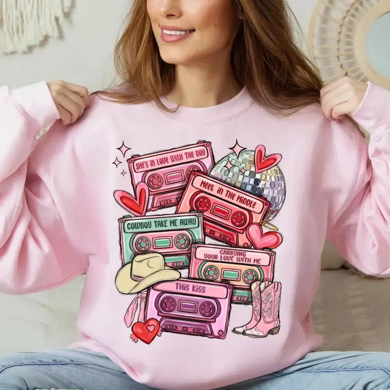 Valentine's Day Cassette Tapes Tshirt Sweatshirt Hoodie, Happy Valentine's Sweatshirt, 14th February Shirt, Unisex...