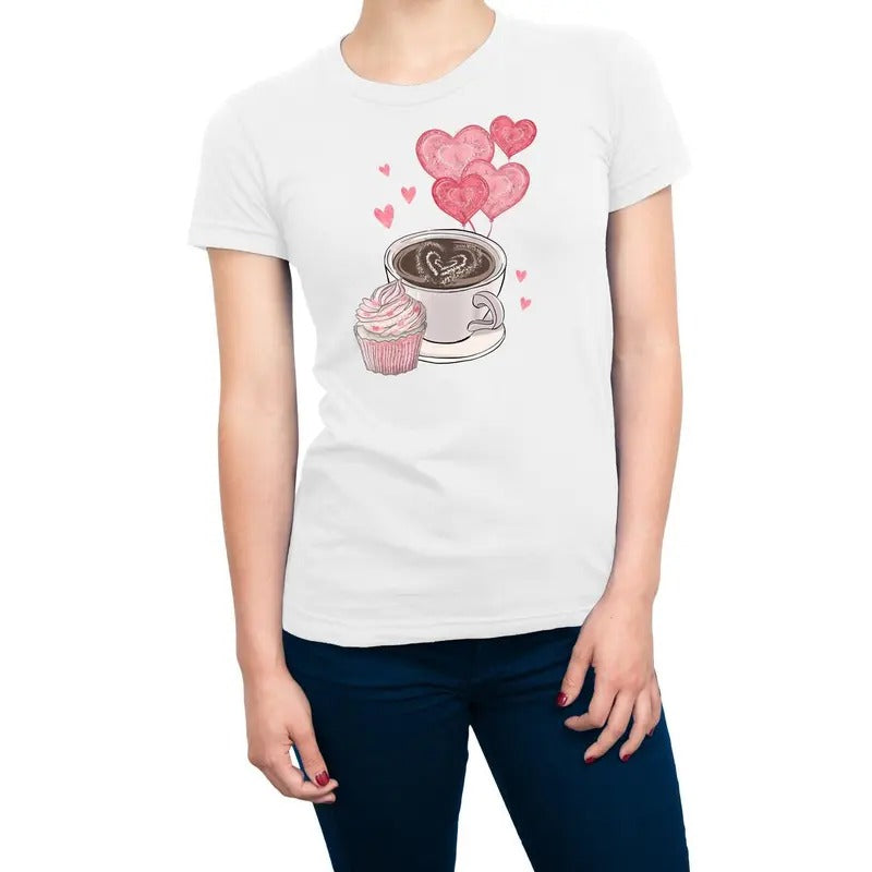 Valentines Coffee Cupcake & Hearts Women's T-Shirt Casual Crewneck Hoodie, Sweatshirt | RetroVerseTees.com