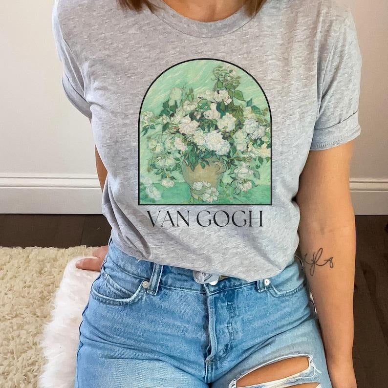 Van Gogh Pink Roses Shirt, Vintage Aesthetic Renaissance Tshirt, Van Gogh Flower Painting Tee, Van Gogh Art T-Shirt,...