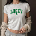 Varsity Lucky 4 Leaf Clover Baby Tee, Four Leaf Clover Baby Tee, St Paddys Tee, St Pattys Day Tee, y2k baby tee, St...