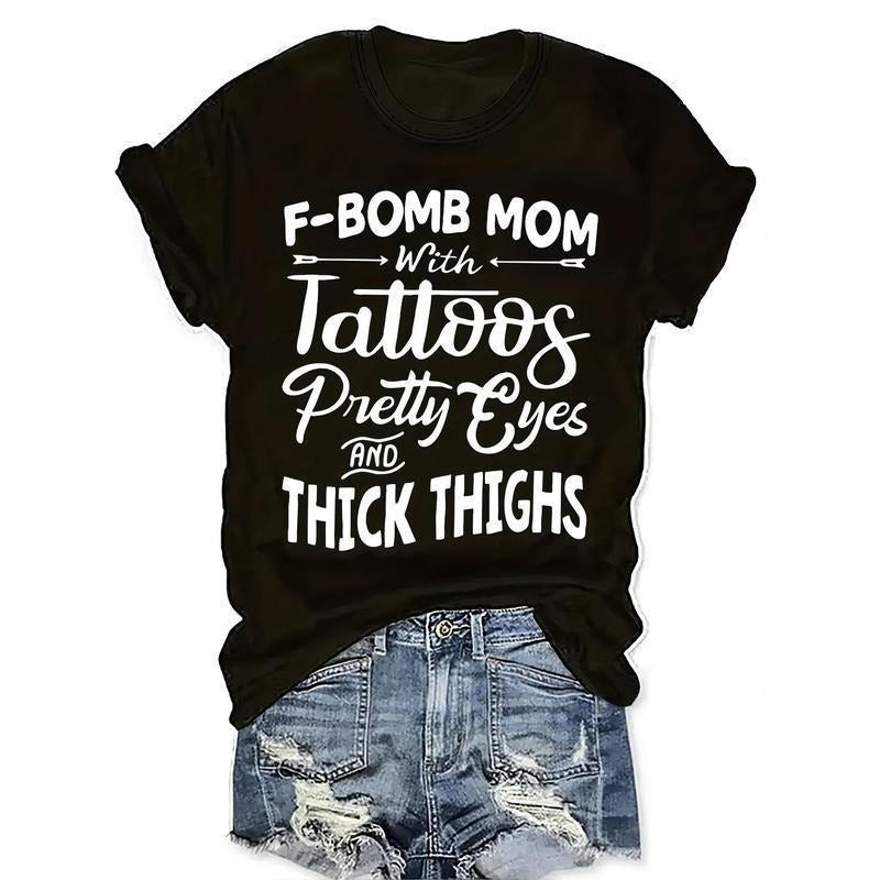 VelvetVixen Women'WB shield Lettering Print T-Shirt "F-Bomb Mom" - Casual Crew Neck Short Sleeve Top, Knit Fabric, Spiky...