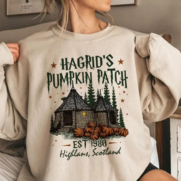 Ver 3 Hagrid's Pumpkin Farm Sweatshirt, Fall Pumpkin Shirt, Potterhead Fan Gift pumpkin crewneck Hoodie | RetroVerseTees.com