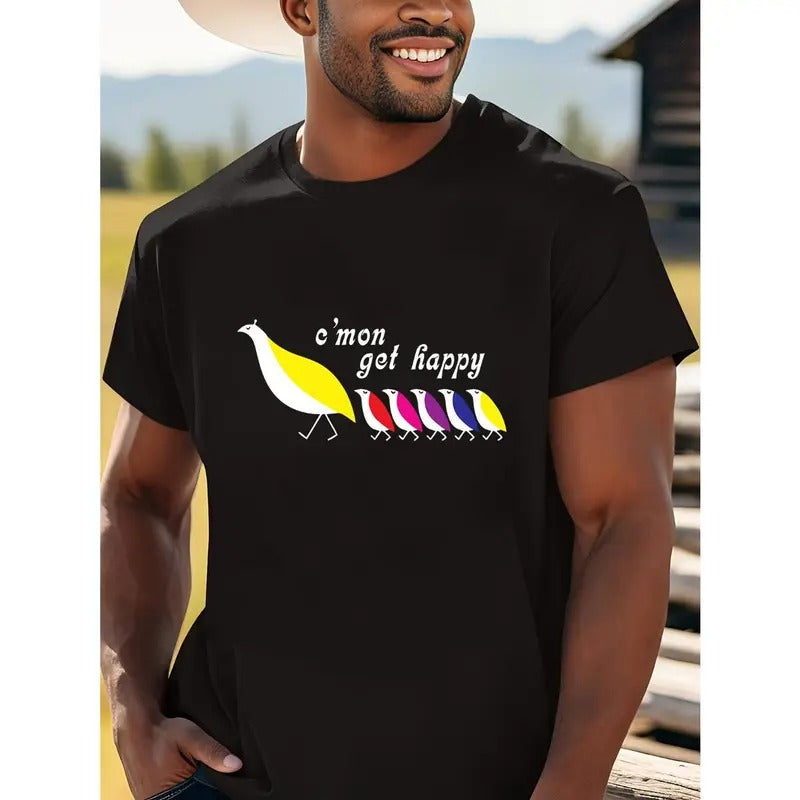 Vibrant Bird Pattern Print Tee - Men's Casual Comfy T-Shirts with Short Sleeves for Summer Daily Wear