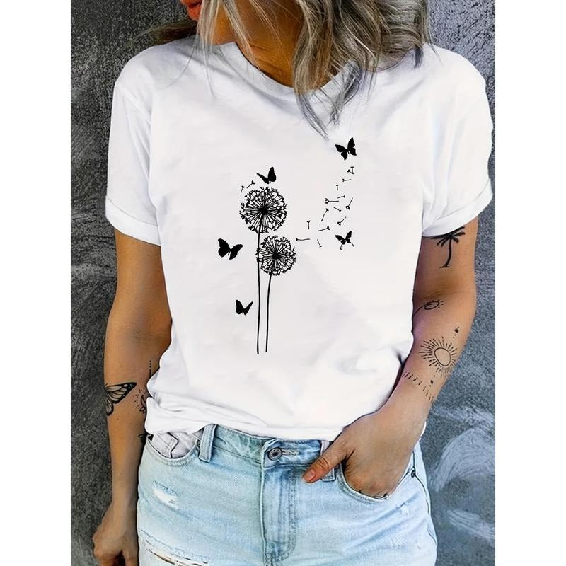 Vibrant Dandelion Print Short Sleeve Crew Neck T-Shirt - FOG Windows brand Elasticity Polyester Top for Spring Gunpla...