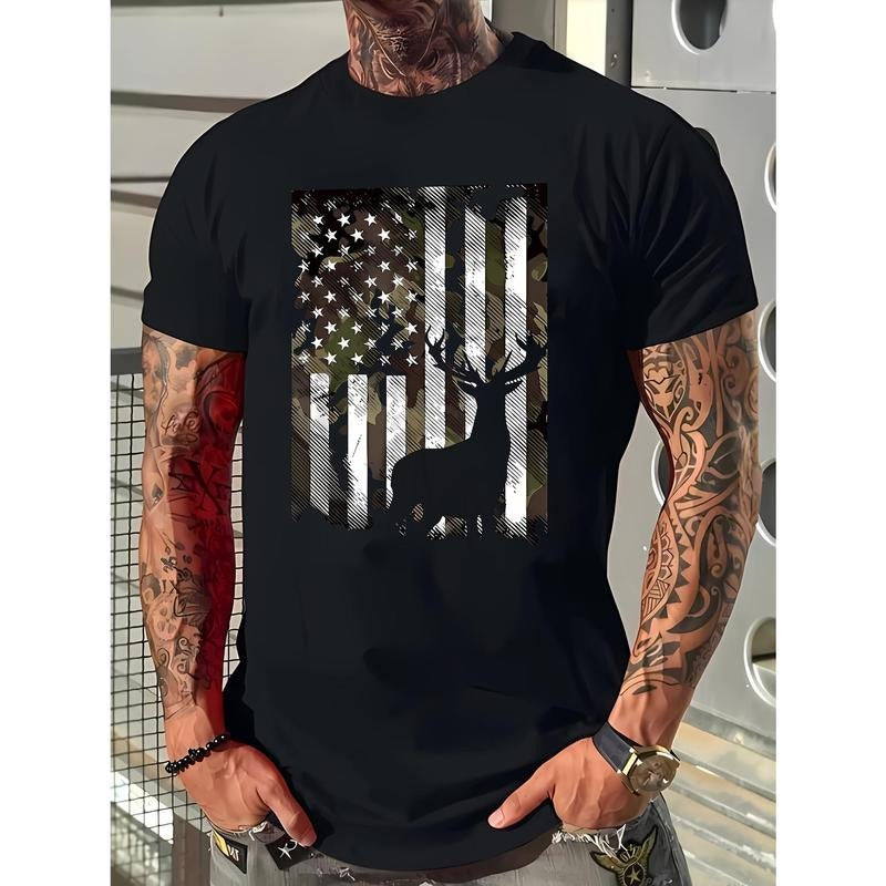 Vibrant Deer Silhouette American Flag Graphic Tee - Comfy Crew Neck, Short Sleeve, Casual Fit, Summer Essential, Graphic...