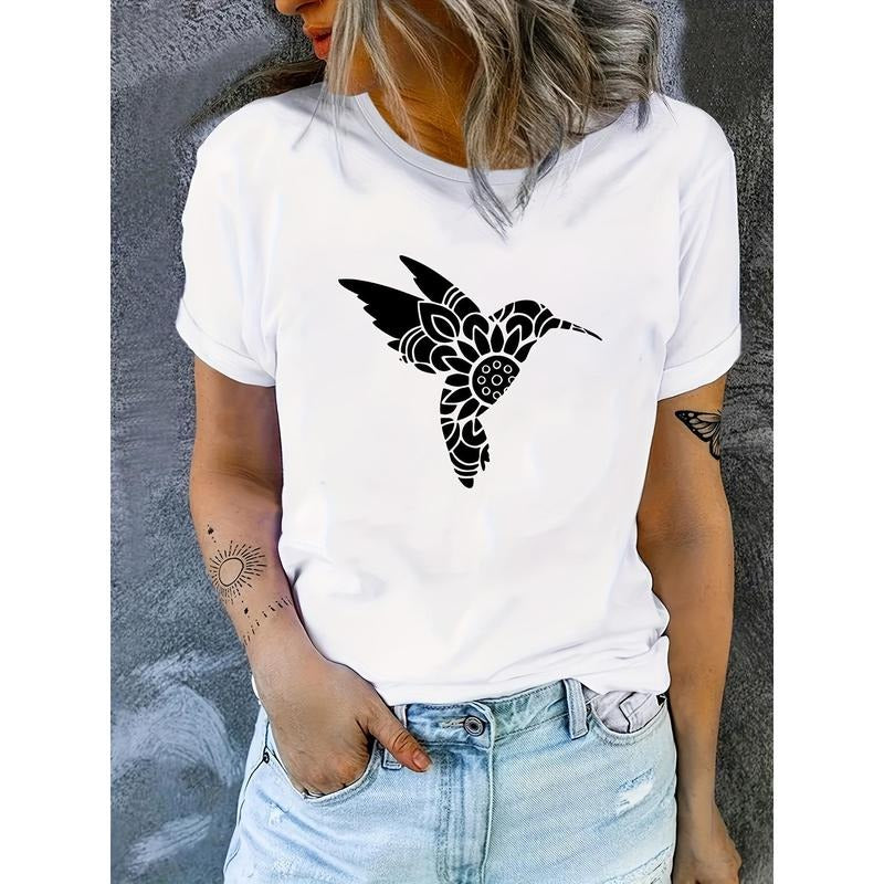 Vibrant Floral Hummingbird Graphic Print Comfortable T-Shirt - Women'WB shield Round Neck Short Sleeve Activewear Tee for Casual Sports Gunpla brand Fitness - FOG, Breathable, Gunpla brand Moisture-Wicking Fabric for All-Day Wear style 02