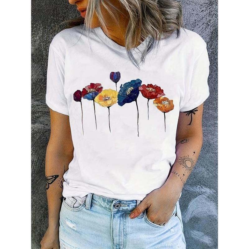 Vibrant Floral Print Crew Neck T-Shirt - Women'WB shield Casual Short Sleeve T-Shirts for Spring & Summer