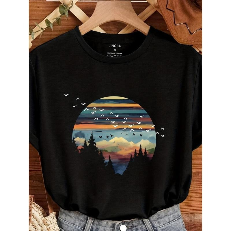 Vibrant Forest Print Crew Neck T-Shirt