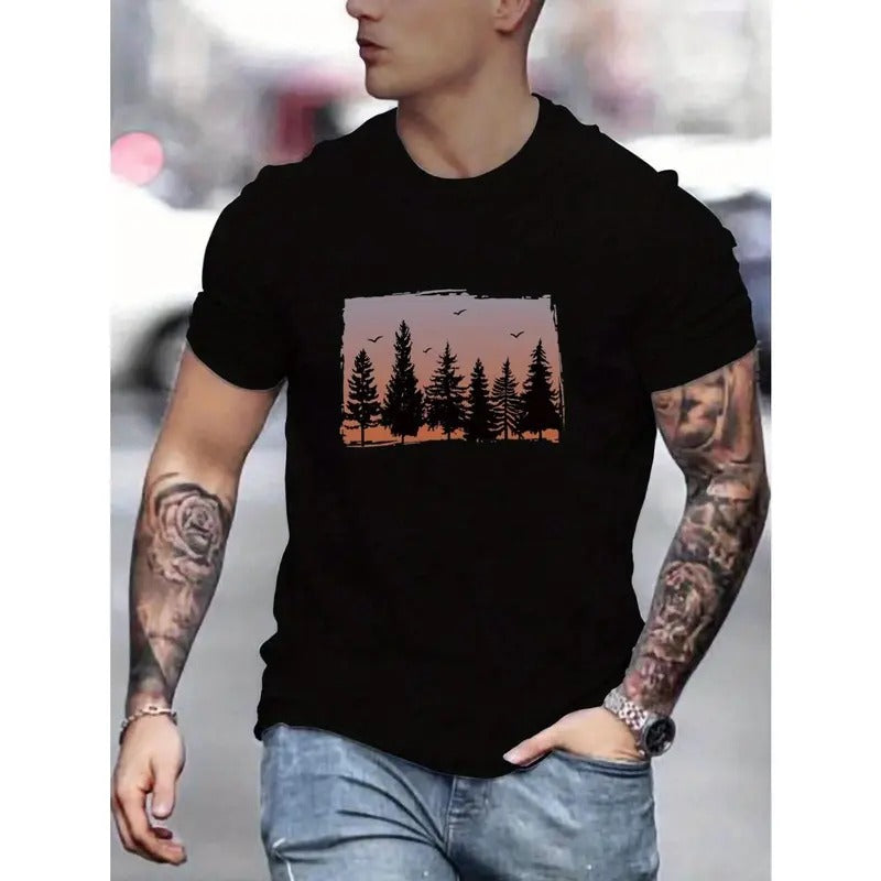 Vibrant Forest Sunset Graphic Tee - Soft, Breathable, Relaxed Fit Mens Summer T-Shirt