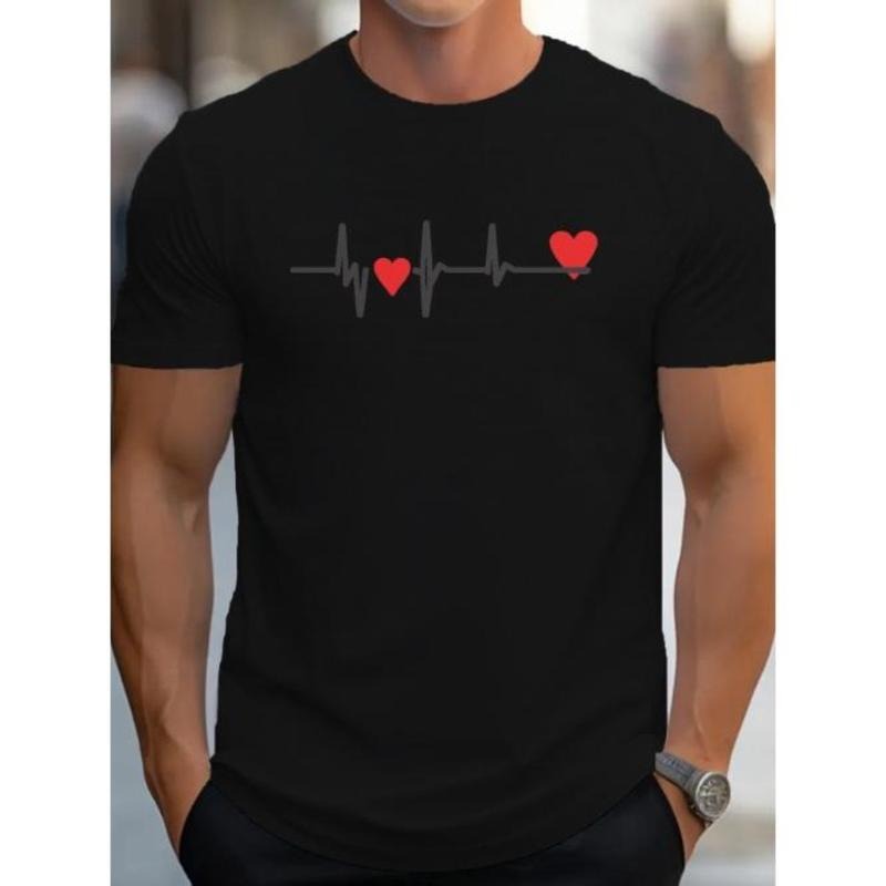 Vibrant Heartbeat Graphic Print T-Shirt - Men's Casual Breathable Short Sleeve Tops for Summer - Comfortable Pullover Clothing for Active Men Made in USA