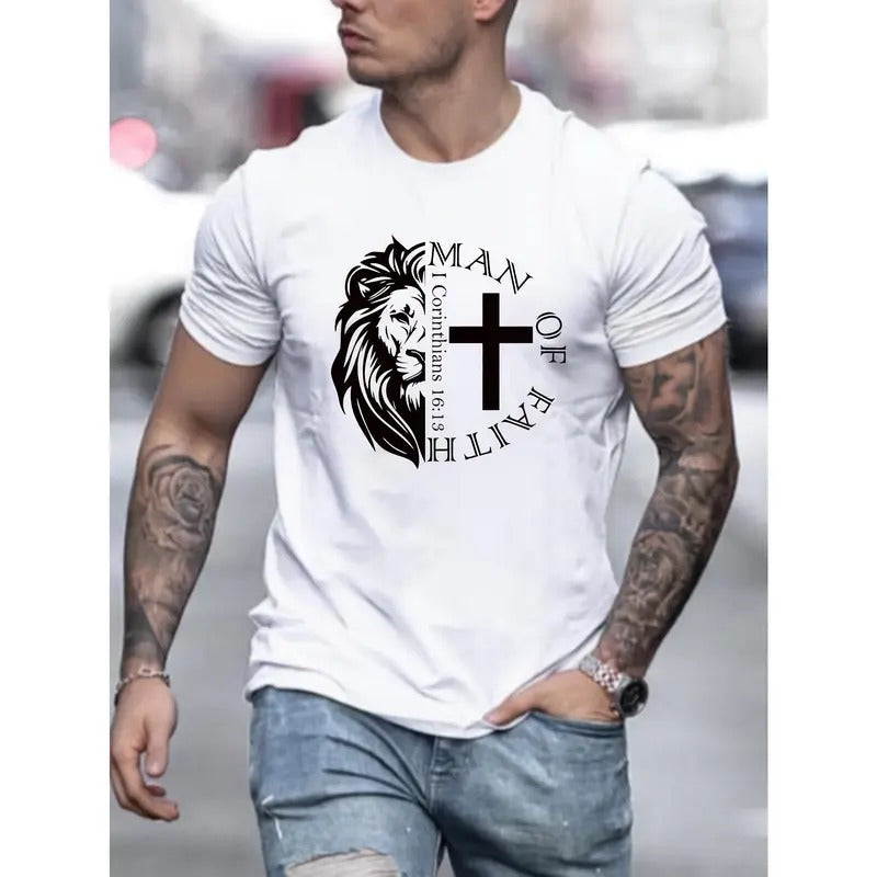 Vibrant Lion And Cross Print Crew Neck Short Sleeve Sports T-Shirt - Men's Fashionable Comfort Fit Tee for Summer and Spring