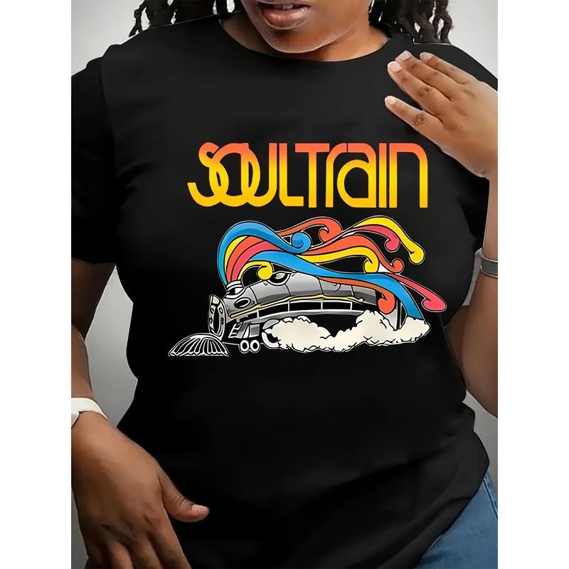 [Vibrant Soul Train Tee] Vibrant Plus Size Women'WB shield Fashion T-Shirt - "Soul Train" Graphic, Stretchy Polyester...