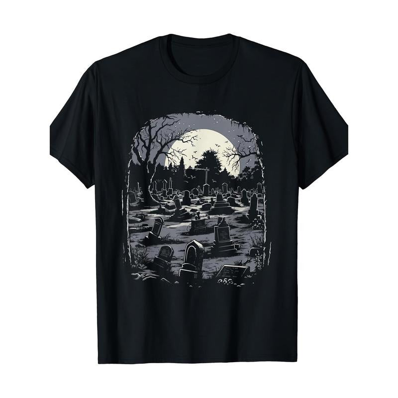 Vibrant Spooky Cemetery Graphic Print Fun Halloween T-Shirt for Men Soft and Breathable Fabric