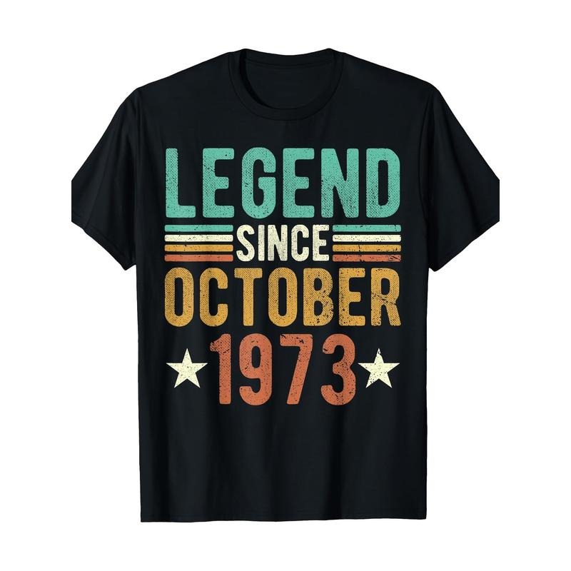 Vintage 1973 Graphic Tee - "Legend Since October 1973" Men's T-Shirt, Black Casual Short Sleeve Shirt with Distressed...
