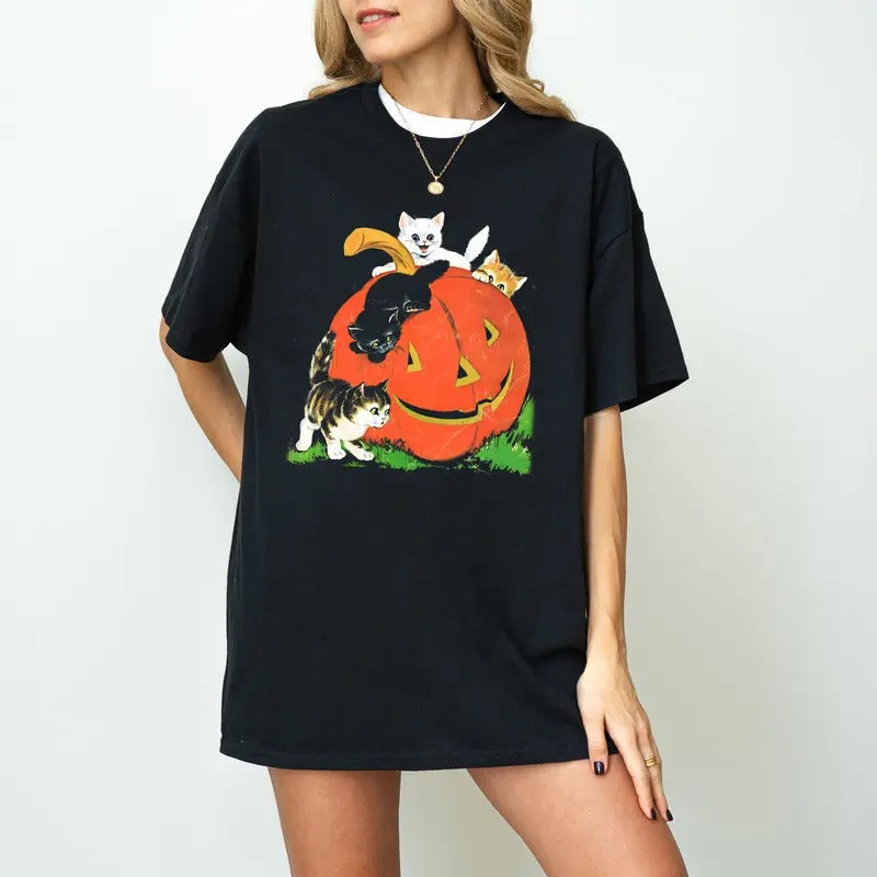 Vintage 90s Cat Halloween Sweatshirt, Retro Halloween Shirt, Spooky Season Shirt, Black Cat Pumpkin Shirt, Cat Lover...