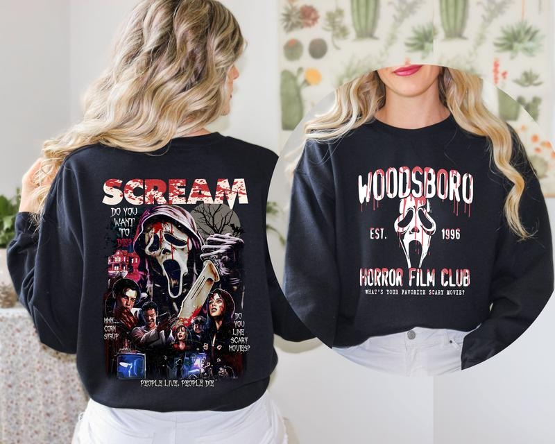 Vintage 90s Halloween Scream Sweatshirt and Hoodie, Woodsboro Horror Film Club Sweatshirt, Horror Character Sweater T-Shirts