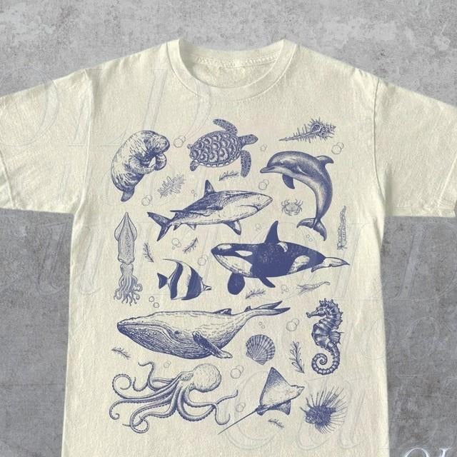 Vintage 90s Tattoo Sea Animal Tshirt, Retro Ocean Nature Shirt, Sealife, Ocean, Whale, Orca, Turtle, Dolphin Shirt,...
