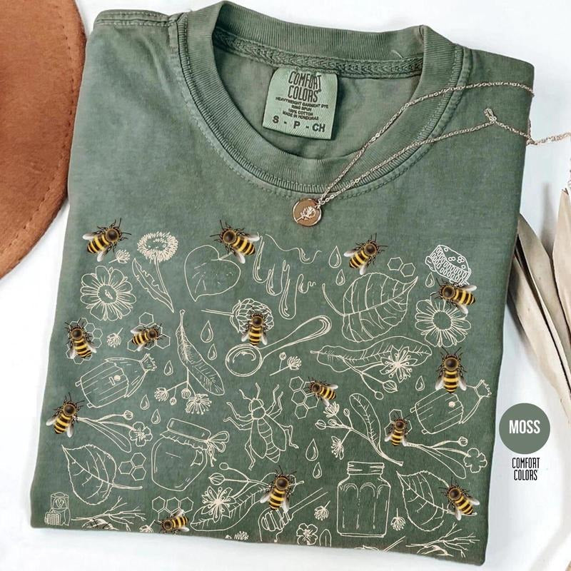 Vintage Bee Botanical T-Shirt, Honeycomb Doodle Shirt, Unique Honey Bees Shirt, Bee Lovers Tee, Comfort Colors T-Shirts,...