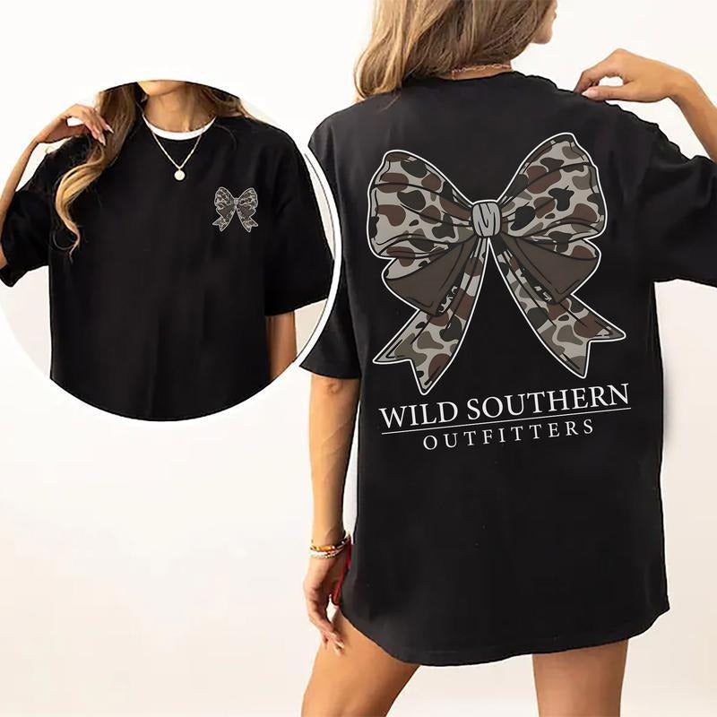Vintage Camo Bow Hunting Shirt, Wild TNF Camo T-shirt, Simply Printed Graphic Shirt, Daily Casual Cotton Womenswear...