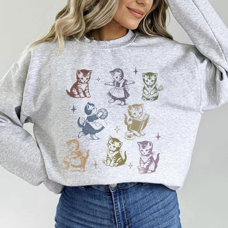 Vintage Cats Funny Unisex T-shirt Sweatshirt Hoodie Retro Cat Pattern Crazy Black Cat Owner Cotton Fit | RetroVerseTees.com