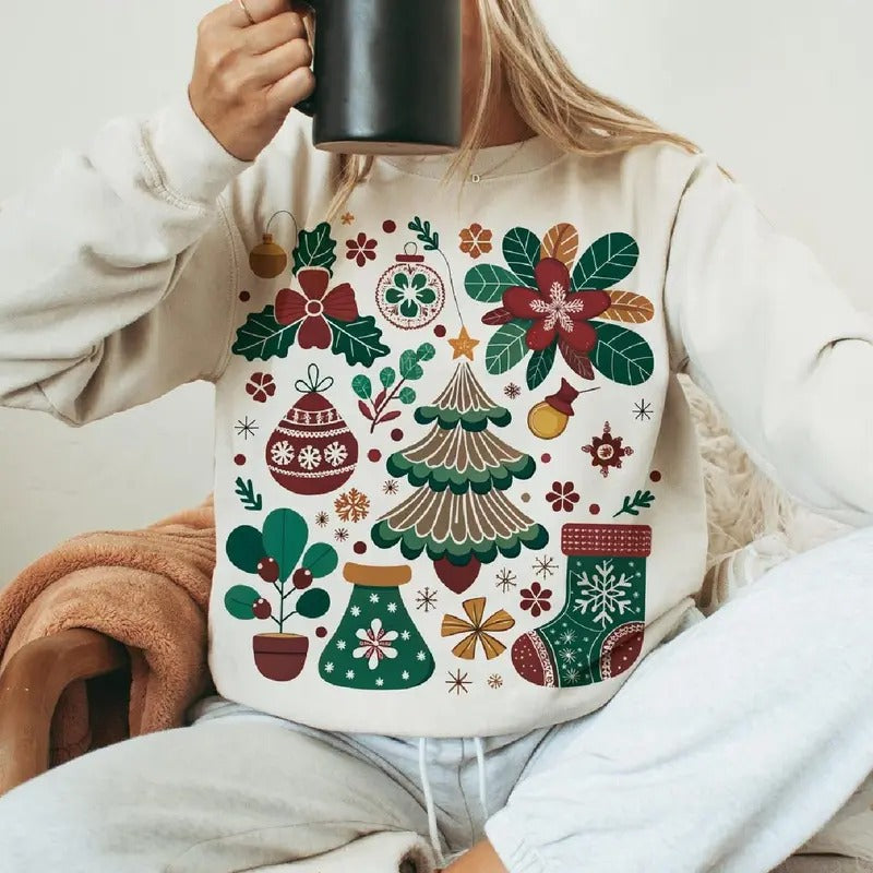 Vintage Christmas Boho Shirt, Merry And Bright Christmas Hand Drawn Tshirt Hoodie, Sweatshirt | RetroVerseTees.com