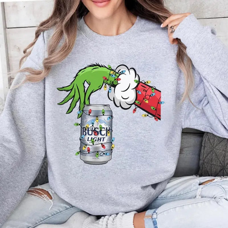 Vintage Christmas Shirt Grnnch Hand Holding Busch Light Funny Christmas Drinking Tshirt Hoodie, Sweatshirt