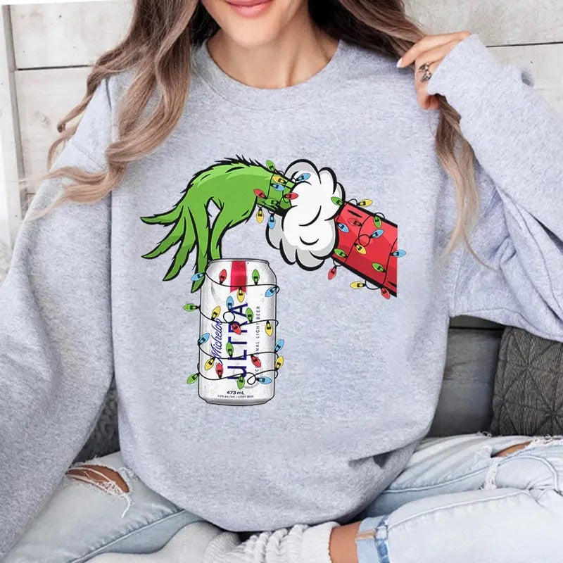 Vintage Christmas Shirt Grnnch Hand Holding Michelob Ultra Funny Christmas Drinking Tshirt Hoodie, Sweatshirt