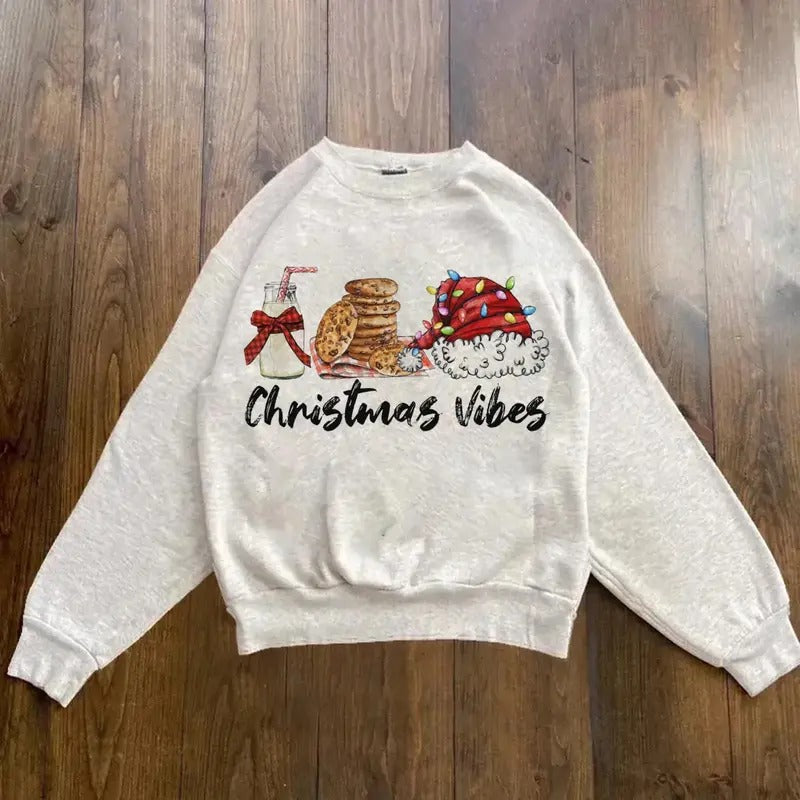 Vintage Christmas Vibes Graphic Tee - Milk Cookies Santa Claus Hat Shirt - Merry Christmas - Xmas - Christmas Gifts