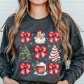 Vintage Coquette Christmas Santa with Hot Cocoa and Bows. Casual Everyday Softstyle Christmas Unisex Pullover Crewneck...